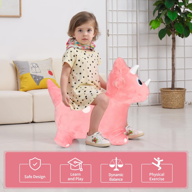 INPANY Bouncy Horse, Dinosaur Hopper Toys, Toddler Plush Bouncing Animal, Dinosaur Birthday Party Decoration, Kid Inflatable Ride on Rubber Bouncer, Outdoor for 2 3 4 Yr Boy Girl Pink - Image 5