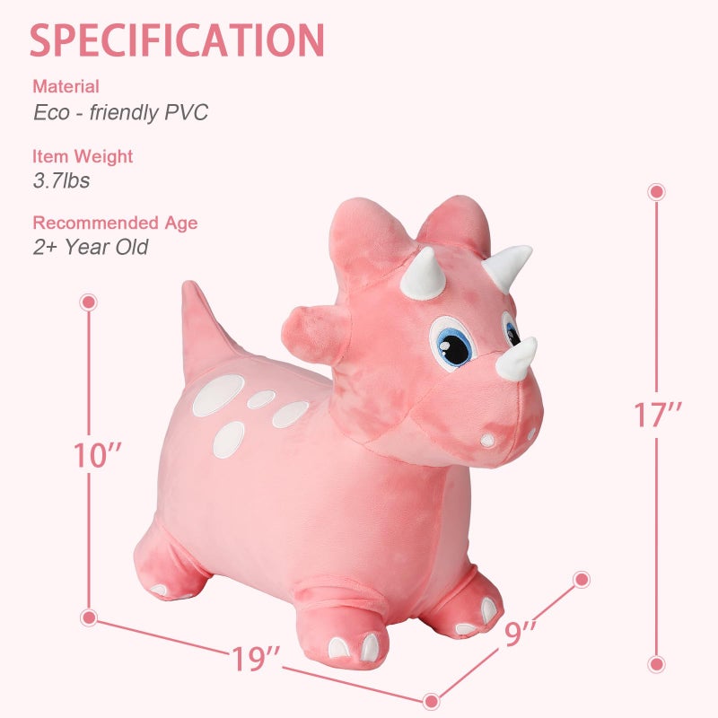 INPANY Bouncy Horse, Dinosaur Hopper Toys, Toddler Plush Bouncing Animal, Dinosaur Birthday Party Decoration, Kid Inflatable Ride on Rubber Bouncer, Outdoor for 2 3 4 Yr Boy Girl Pink - Image 2
