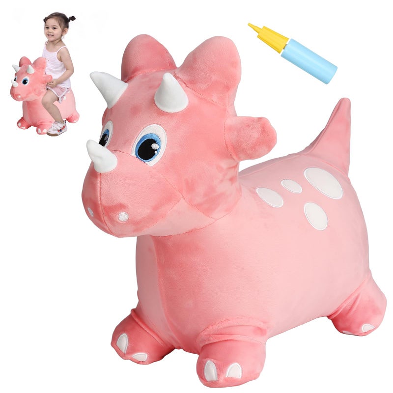 INPANY Bouncy Horse, Dinosaur Hopper Toys, Toddler Plush Bouncing Animal, Dinosaur Birthday Party Decoration, Kid Inflatable Ride on Rubber Bouncer, Outdoor for 2 3 4 Yr Boy Girl Pink - Image 1