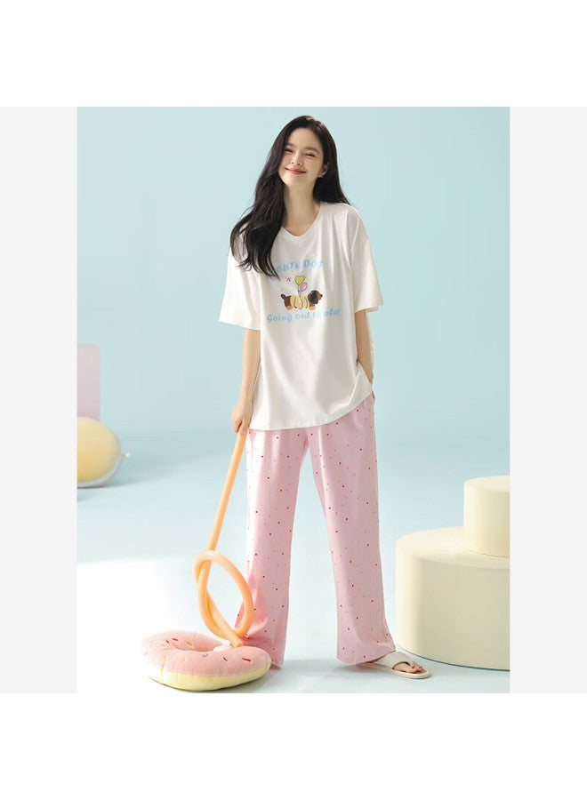 Fenton Fenteng Women's Summer Cotton Thin Short Sleeve Long Pants Cute Casual Sweet Home Wear Set Pink L - Image 3