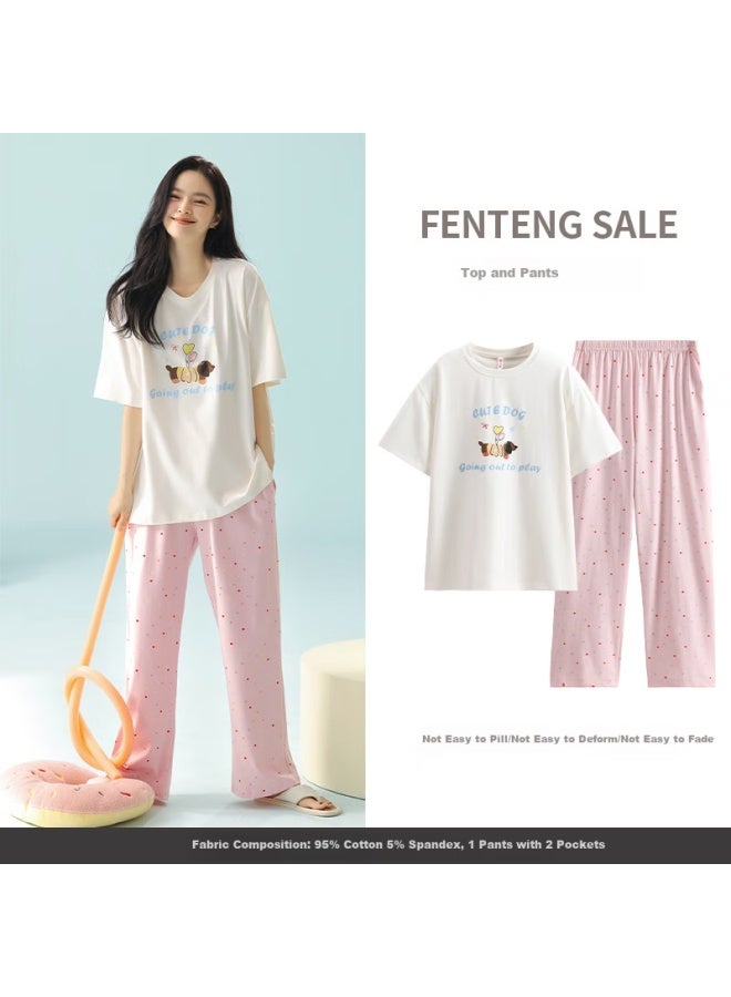 Fenton Fenteng Women's Summer Cotton Thin Short Sleeve Long Pants Cute Casual Sweet Home Wear Set Pink L - Image 1