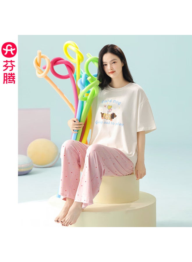 Fenton Fenteng Women's Summer Cotton Thin Short Sleeve Long Pants Cute Casual Sweet Home Wear Set Pink L - Image 2