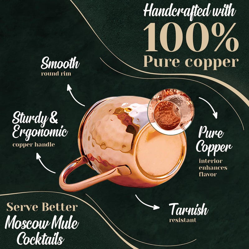 Kitchen Science Moscow Mule Copper Mugs Set of 8 (16oz) | Food Grade 100% Pure Copper Cups | Handcrafted w/Lacquered Hammered Finish, Smooth Rounded Lip, Ergonomic Handle (No Rivet) w/Solid Grip - Image 3