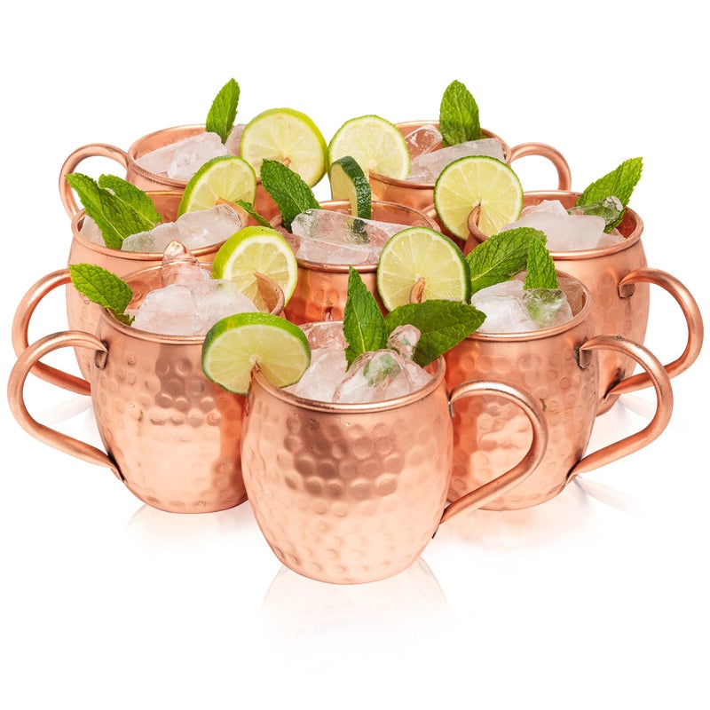 Kitchen Science Moscow Mule Copper Mugs Set of 8 (16oz) | Food Grade 100% Pure Copper Cups | Handcrafted w/Lacquered Hammered Finish, Smooth Rounded Lip, Ergonomic Handle (No Rivet) w/Solid Grip - Image 1