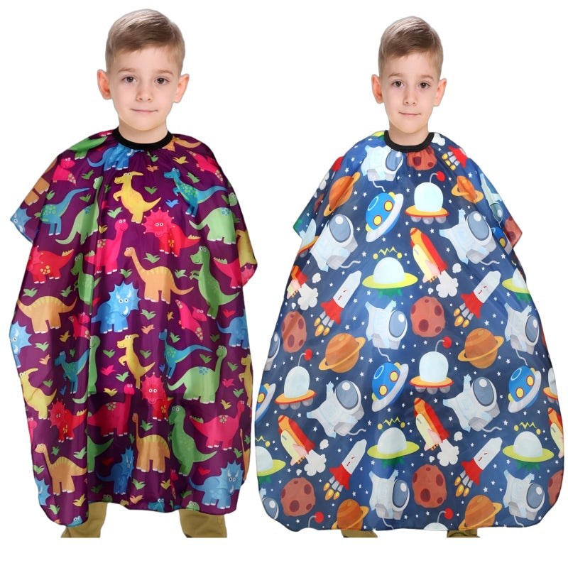 YELEGAI Kids Hair Cutting Cape (2 Pack) Professional Children Salon Barber Apron for Boys and Girls (Cartoon Dinosaur & Cartoon Space) - Image 1