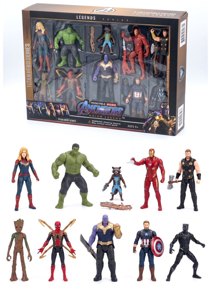 AVENGERS Action Figures Superhero Set 10pcs Collectible Figures 14cm Character Toy Set – Captain Marvel, Hulk, Thor, Iron Man, Spider-Man, Thanos, Captain America, Groot, Black Panther & Rocket Raccoon with Weapons & Accessories | Birthday & Eid Gift for Boys 3+ - Image 1