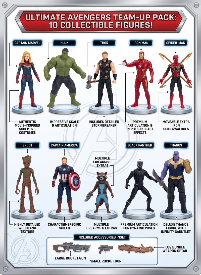 AVENGERS Action Figures Superhero Set 10pcs Collectible Figures 14cm Character Toy Set – Captain Marvel, Hulk, Thor, Iron Man, Spider-Man, Thanos, Captain America, Groot, Black Panther & Rocket Raccoon with Weapons & Accessories | Birthday & Eid Gift for Boys 3+ - Image 2