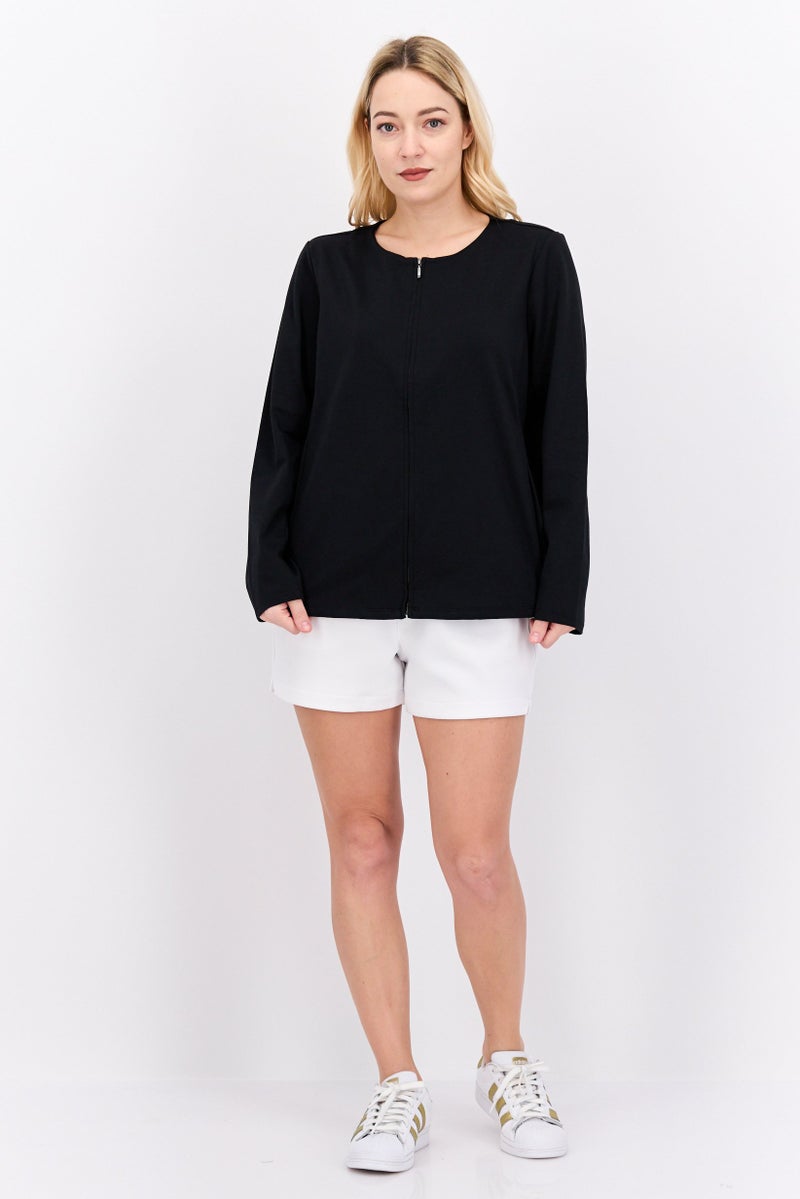 EILEEN FISHER Women Petite Round Neck Zipper Plain Jacket, Black  - Image 2