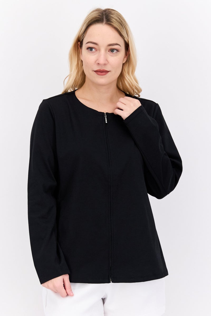 EILEEN FISHER Women Petite Round Neck Zipper Plain Jacket, Black  - Image 1