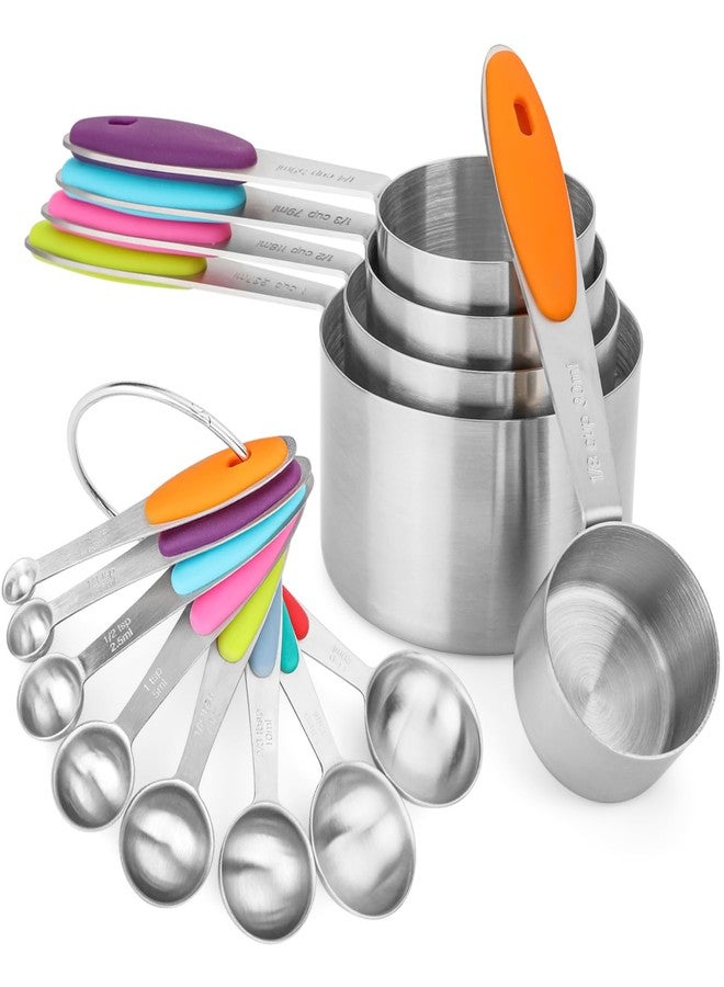 Calicage Measuring Cups and Spoons Set of 13 with Silicone Handle, Stainless Steel Nesting Measuring Cups and Spoons For Baking & Cooking (Colorful) - Image 1