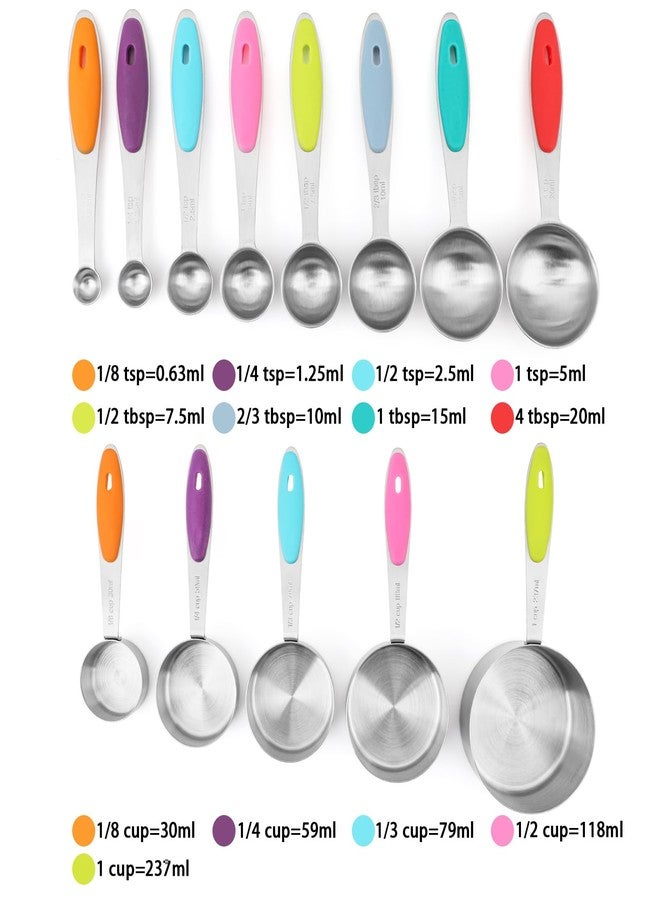 Calicage Measuring Cups and Spoons Set of 13 with Silicone Handle, Stainless Steel Nesting Measuring Cups and Spoons For Baking & Cooking (Colorful) - Image 2
