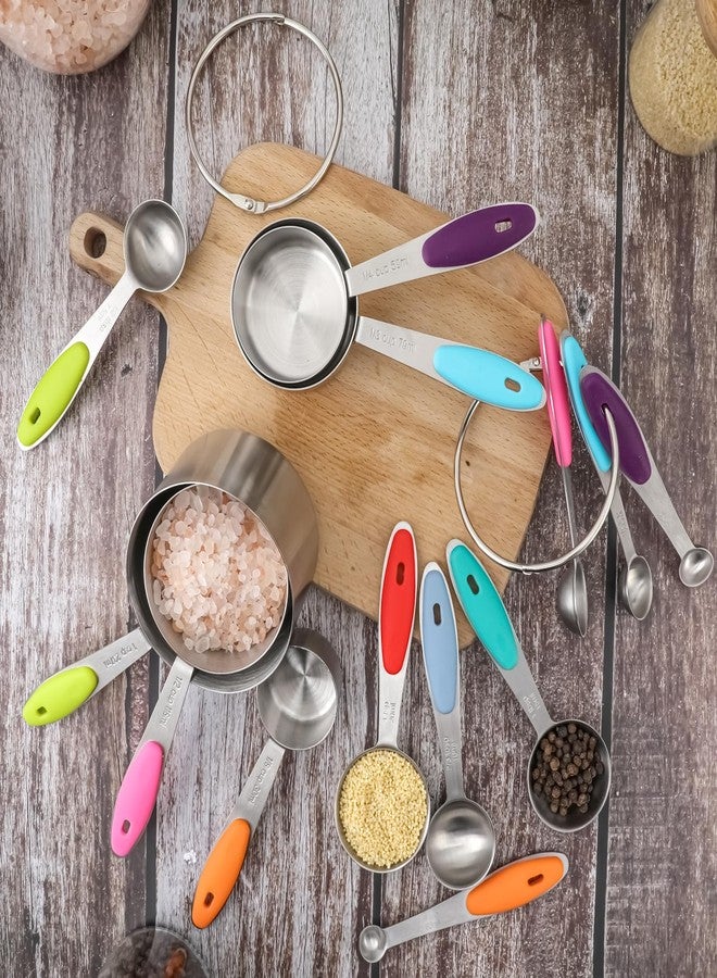 Calicage Measuring Cups and Spoons Set of 13 with Silicone Handle, Stainless Steel Nesting Measuring Cups and Spoons For Baking & Cooking (Colorful) - Image 5