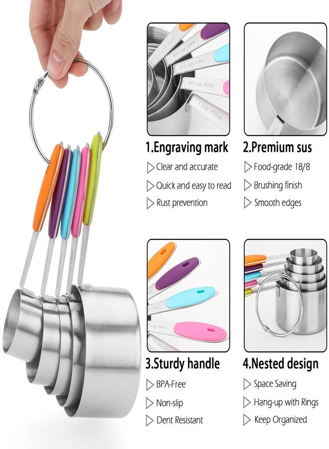 Calicage Measuring Cups and Spoons Set of 13 with Silicone Handle, Stainless Steel Nesting Measuring Cups and Spoons For Baking & Cooking (Colorful) - Image 3