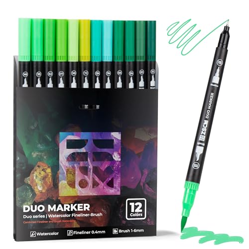 ZSCM Green Duo Tip Marker Pens, 12 Pack Fine & Brush Markers for Adult Coloring Books No Bleeding, Nature Green Markers for Foliage, Landscape Drawings, Botanical Illustrations and Eco Designs - Image 1