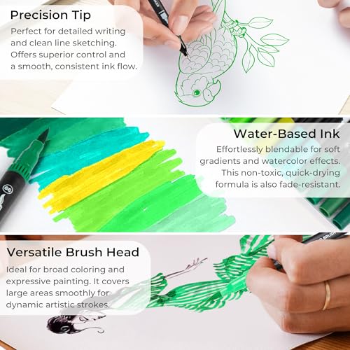 ZSCM Green Duo Tip Marker Pens, 12 Pack Fine & Brush Markers for Adult Coloring Books No Bleeding, Nature Green Markers for Foliage, Landscape Drawings, Botanical Illustrations and Eco Designs - Image 3