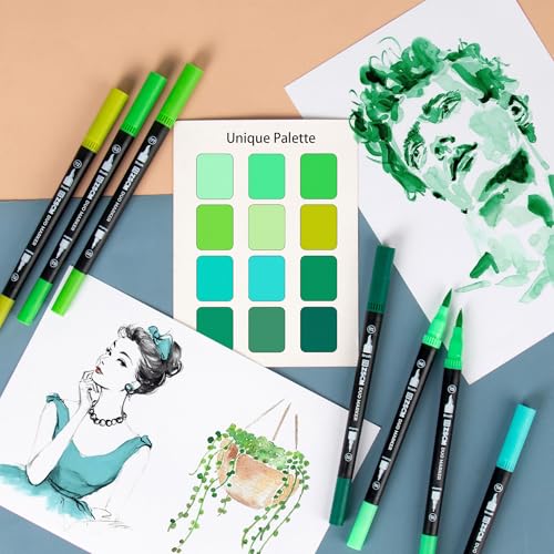ZSCM Green Duo Tip Marker Pens, 12 Pack Fine & Brush Markers for Adult Coloring Books No Bleeding, Nature Green Markers for Foliage, Landscape Drawings, Botanical Illustrations and Eco Designs - Image 5