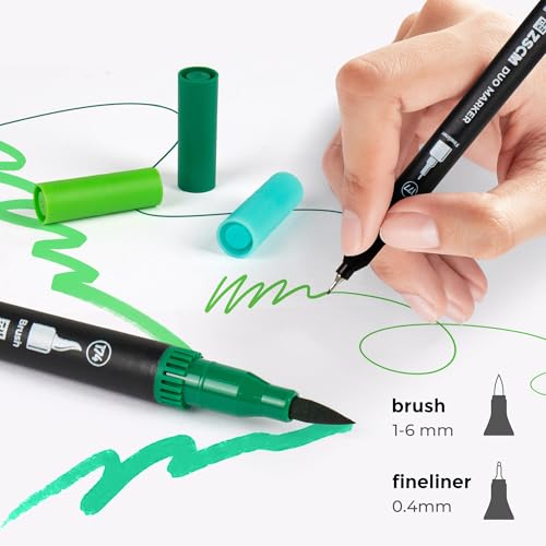 ZSCM Green Duo Tip Marker Pens, 12 Pack Fine & Brush Markers for Adult Coloring Books No Bleeding, Nature Green Markers for Foliage, Landscape Drawings, Botanical Illustrations and Eco Designs - Image 2