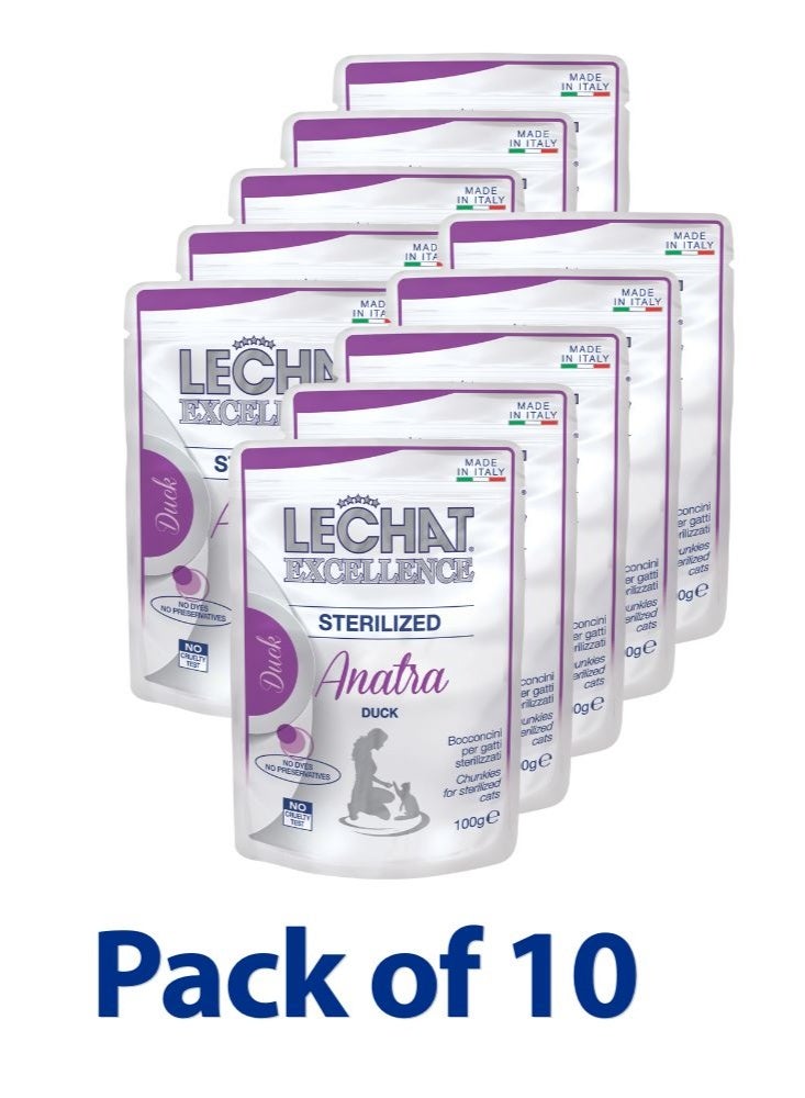 LeChat Excellence by Monge | Sterilised Cat Wet Food | with Tasty Duck Chunkies in Sauce | Supports Hydration & Weight Control | 100g Pouch | Made in Italy | Pack of 10