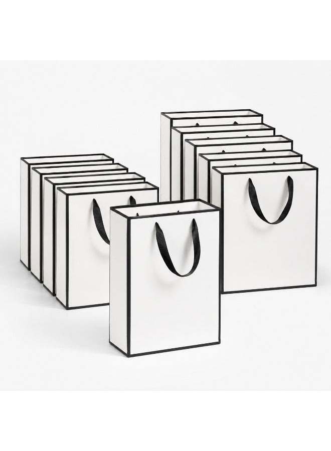 12 Pcs White Paper Gift Bags With Black Border Trim Satin Ribbon Handles for Ramadan Eid Wedding Birthday Party Present Daily Gift Packaging - Image 1