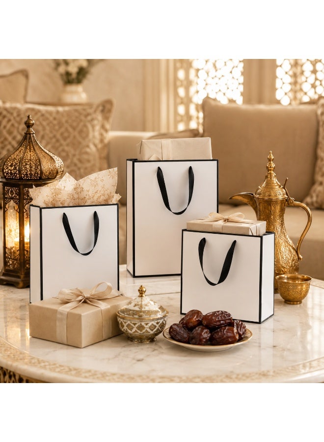 12 Pcs White Paper Gift Bags With Black Border Trim Satin Ribbon Handles for Ramadan Eid Wedding Birthday Party Present Daily Gift Packaging - Image 5