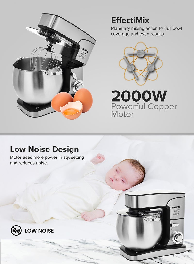 Geepas Kitchen Machine | 6 Level Mixing Speed Control, 12L Stainless Steel Bowl with Handles & Transparent Anti-Splash Lid | LED Power Indicator | 2000W Powerful Motor 12 L 2000 kW GSM43042 Silver - Image 4