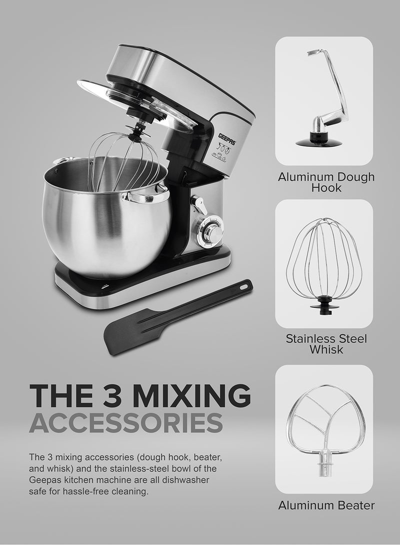 Geepas Kitchen Machine | 6 Level Mixing Speed Control, 12L Stainless Steel Bowl with Handles & Transparent Anti-Splash Lid | LED Power Indicator | 2000W Powerful Motor 12 L 2000 kW GSM43042 Silver - Image 3