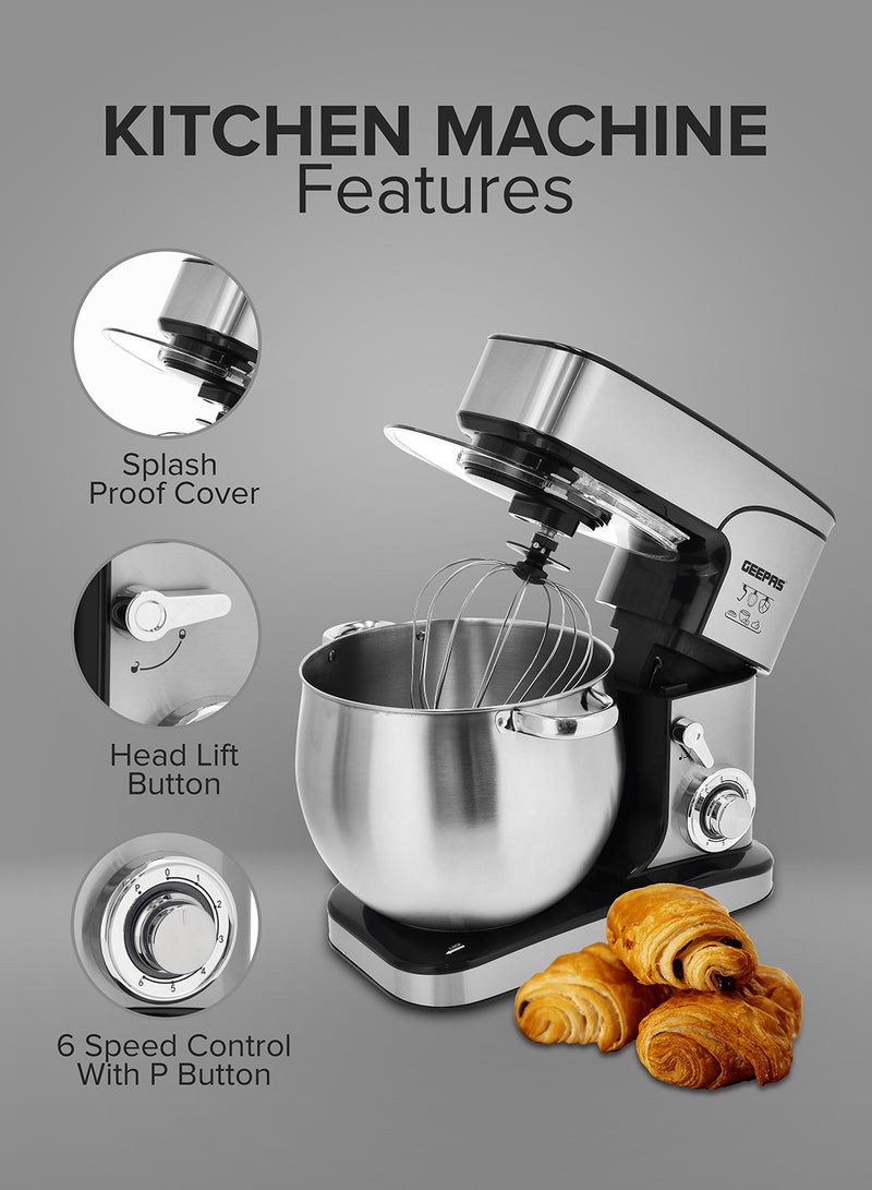 Geepas Kitchen Machine | 6 Level Mixing Speed Control, 12L Stainless Steel Bowl with Handles & Transparent Anti-Splash Lid | LED Power Indicator | 2000W Powerful Motor 12 L 2000 kW GSM43042 Silver - Image 2