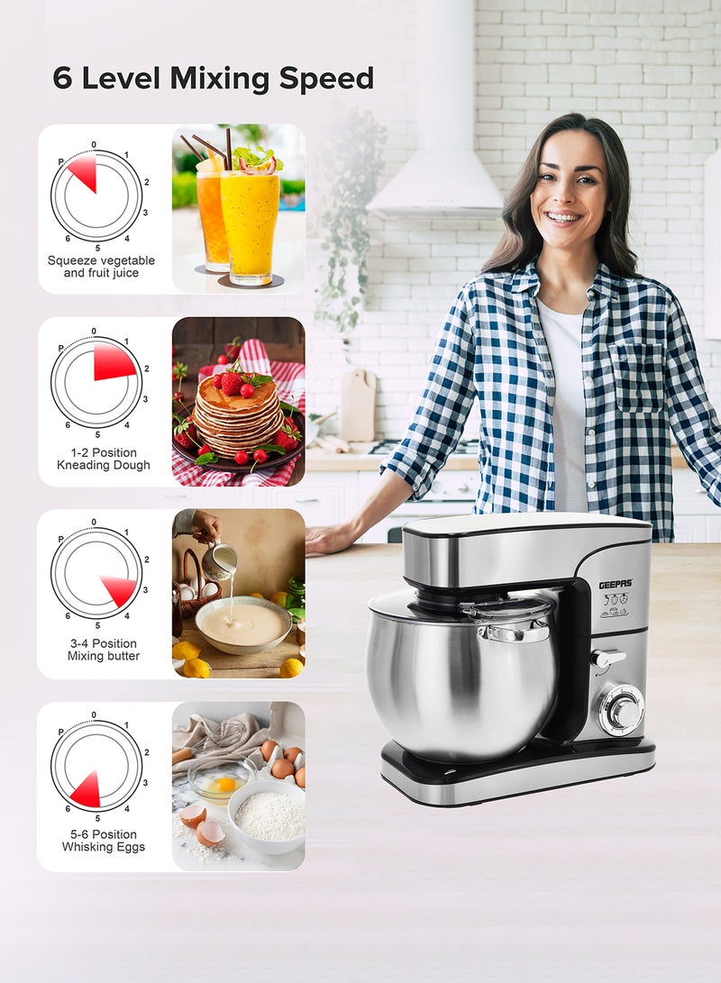 Geepas Kitchen Machine | 6 Level Mixing Speed Control, 12L Stainless Steel Bowl with Handles & Transparent Anti-Splash Lid | LED Power Indicator | 2000W Powerful Motor 12 L 2000 kW GSM43042 Silver - Image 5