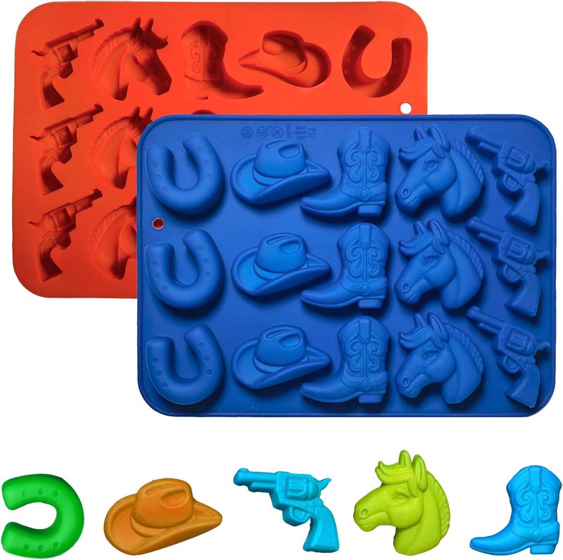 Apiocmy Cowboy Chocolate Candy Molds - 2Pcs Silicone Western Themed Party Baking Mold with Cowboy Hat Boot, Horse Saddle Shape for Cupcake Cakesicle Decorations Jello Ice Cube Candle - Image 1