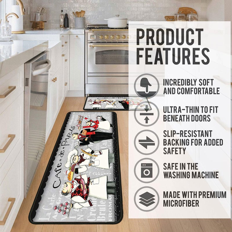 Ksoemar Black Fat Chef Kitchen Rugs 2 Piece Set for Floor Mat, Non Skid Washable Absorbent Microfiber Fat Chef Kitchen Mat for in Front of Sink for Standing for Home Fat Chef Kitchen Decor 17"X30"+17"X47" - Image 5