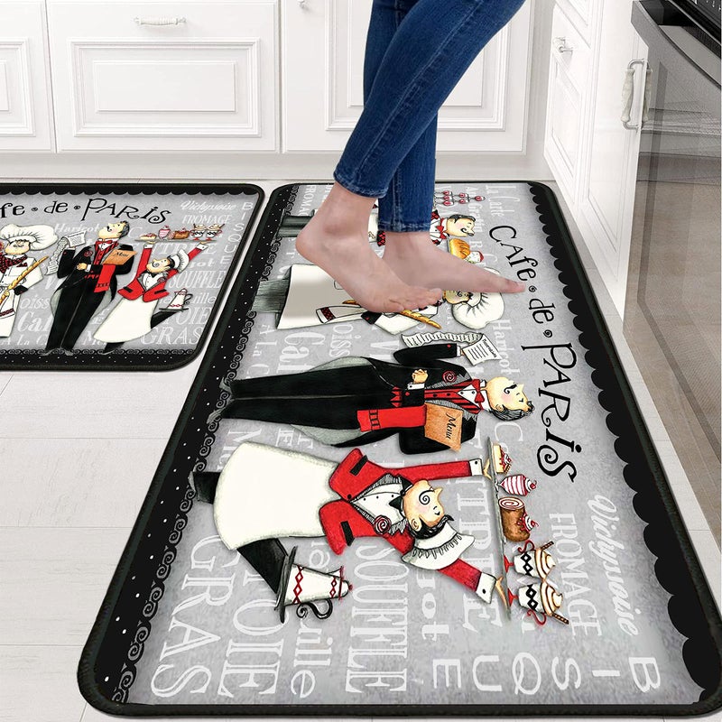 Ksoemar Black Fat Chef Kitchen Rugs 2 Piece Set for Floor Mat, Non Skid Washable Absorbent Microfiber Fat Chef Kitchen Mat for in Front of Sink for Standing for Home Fat Chef Kitchen Decor 17"X30"+17"X47" - Image 2
