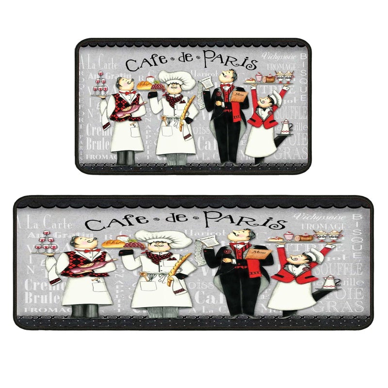 Ksoemar Black Fat Chef Kitchen Rugs 2 Piece Set for Floor Mat, Non Skid Washable Absorbent Microfiber Fat Chef Kitchen Mat for in Front of Sink for Standing for Home Fat Chef Kitchen Decor 17"X30"+17"X47" - Image 1