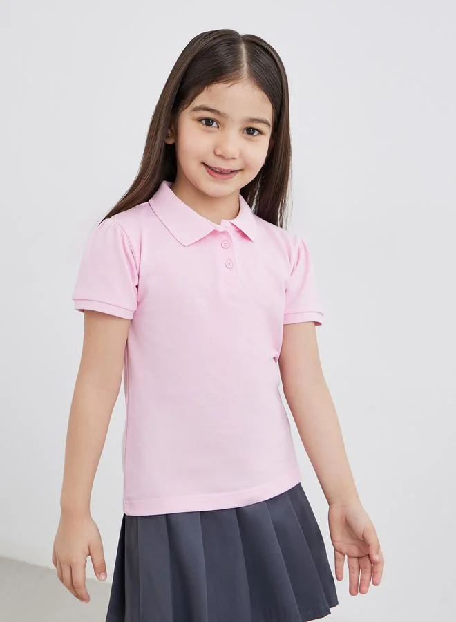 Styli Girls Pink Cotton Polo T-Shirt