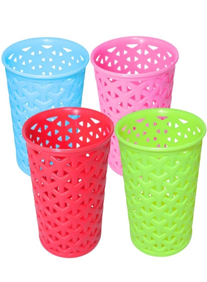 MORVI Linea Big Round Plastic Multipurpose Organizer For Kitchen, Bathroom, Salon, Office|Stationery,Cutlery,Pen,Makeup Brushes Holder|Hanging Toothbrush Stand |Pack Of 4 | BLUE GREEN PINK RED - Image 1