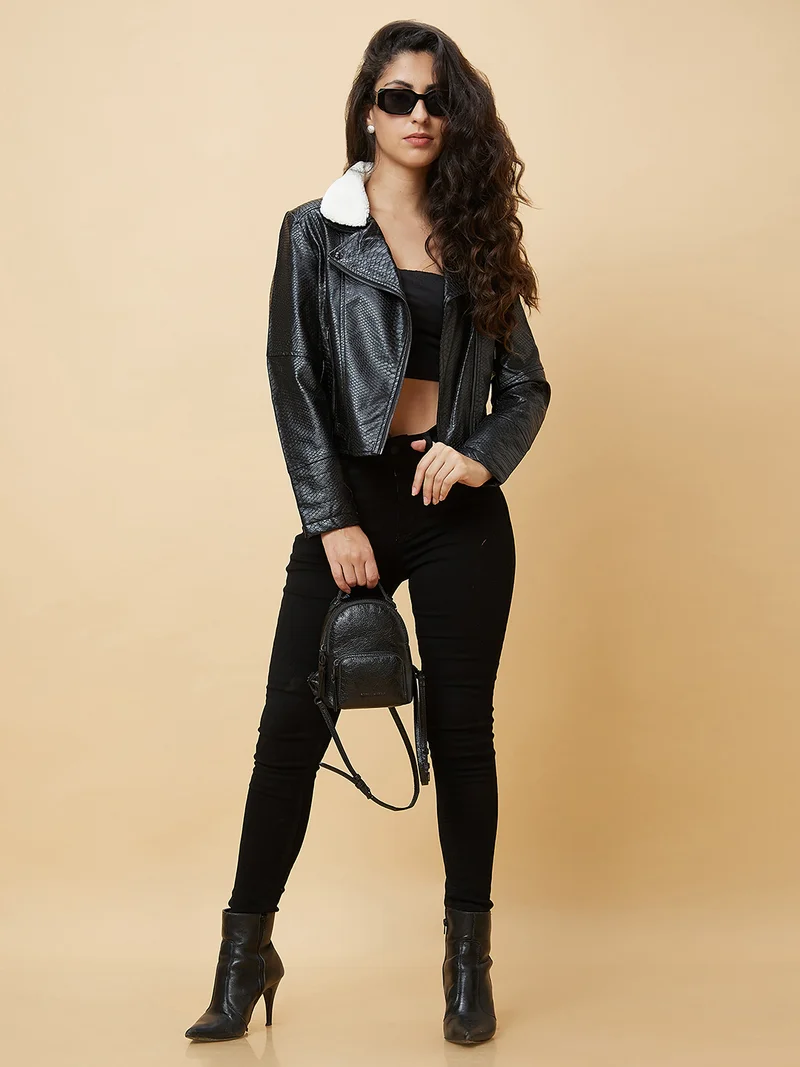 globus Women Spread Collar Crop Biker Jacket With Faux Fur Trim