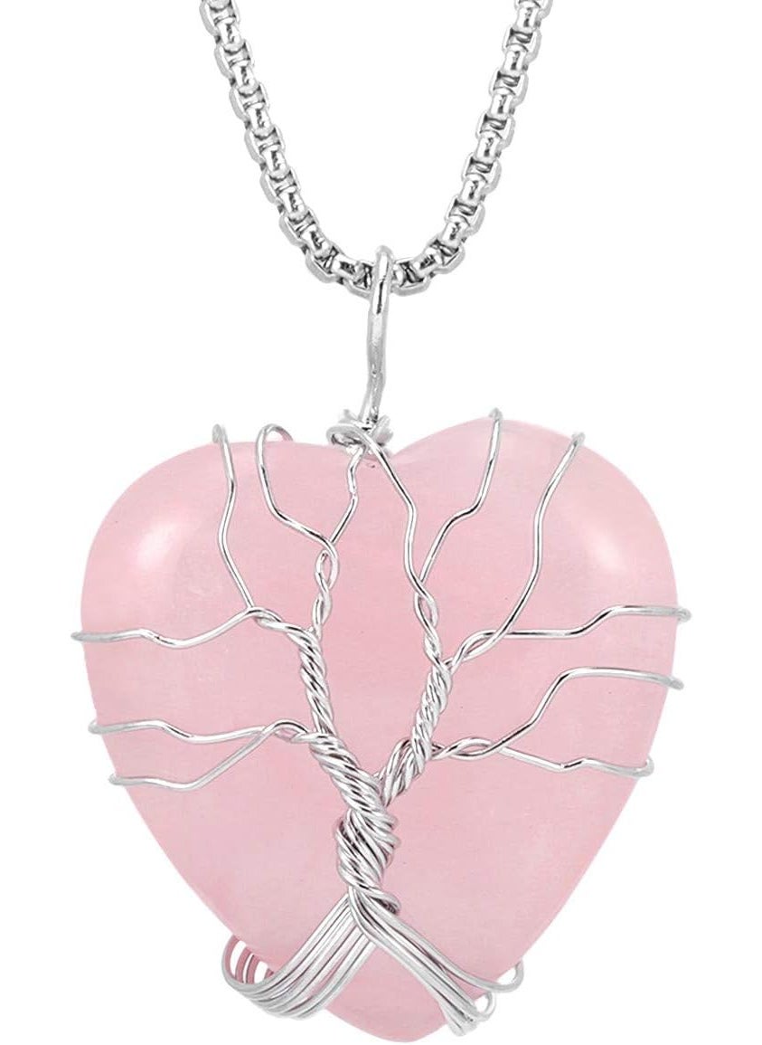 SUNYIK SUNYIK Natural Rose Quartz Crystal Pendant Necklace for Women, Handmade Copper Wire Wrapped Heart Love Healing Reiki Crystal Jewelry 