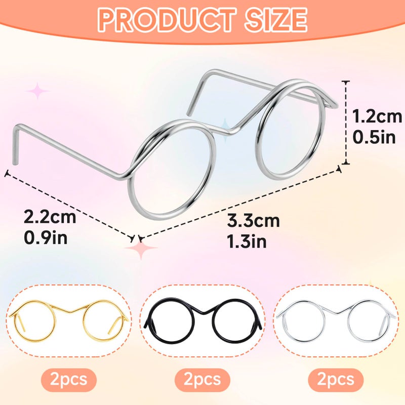 Hzopcw 6pcs Mini Metal Doll Glasses, Small Eyewear Wire Rim Toy Glasses, Doll Making Round Dress up Eyeglasses Decorative Accessories for Dog Cat Costume Cosplay DIY Crafts- Black & Gold & Silver - Image 2
