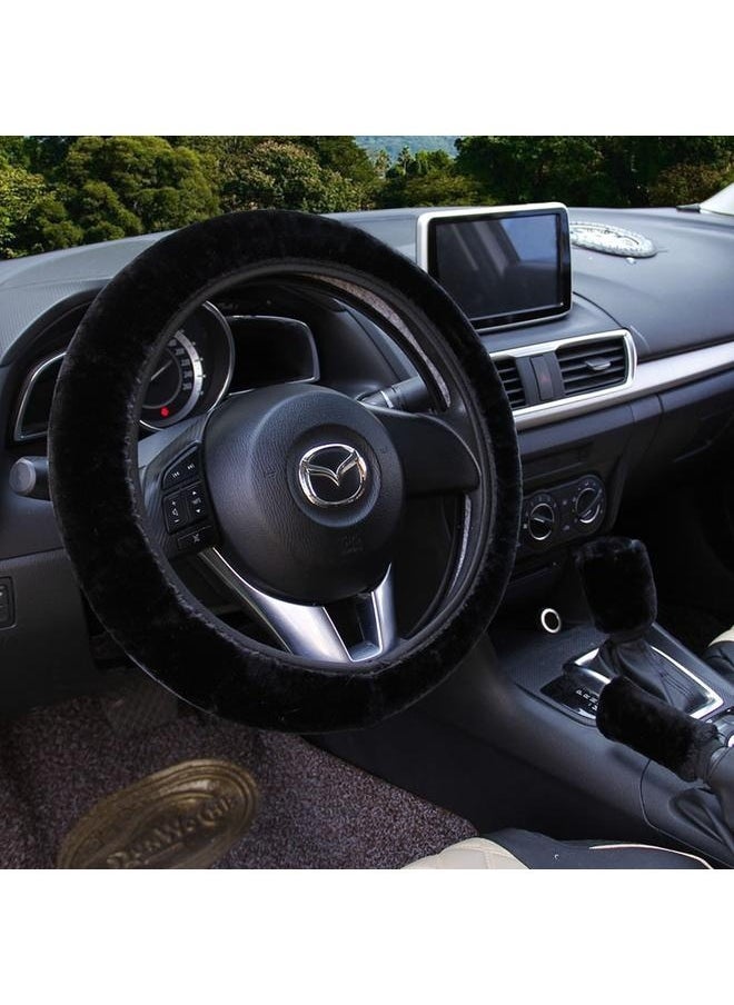 yongsheng Fluffy 3 pcs Steering Wheel / Handbrake / Gear Shift Cover- Car Steering Wheel Cover, Anti-Slip Soft Plush Steering Wheel Protector, Elastic Wheel Covers, Universal Vehicle Interior Winter Warm Accessories for Men Women (Black)  - Image 2
