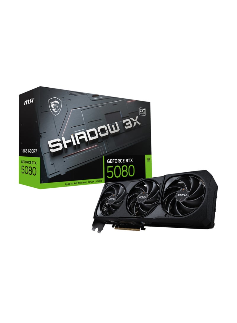 إم اس أي GeForce RTX 5080 16G SHADOW 3X OC, NVIDIA® GeForce RTX™ 5080, 16GB GDDR7, 10752 CUDA Cores, 2655 MHz Extreme Performance, PCIe Gen 5, 256-bit Memory Bus, 30 Gbps Memory Speed, DisplayPort 3x (v2.1b), HDMI™ 1x, 360W Power Consumption, 16-pin Power Connector, 850W Recommended PSU, 7680 x 4320 Max Resolution, G-SYNC® Support, HDCP Support, 4.6 OpenGL, 12 Ultimate DirectX Version. Black - Image 1