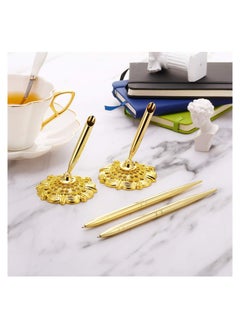 Y&D Signing Pen Set 2 Pieces Hollow Round Holder for Wedding Bridal Engagement Guests Book Valentine's Day Favor (Gold Style)  - Image 2