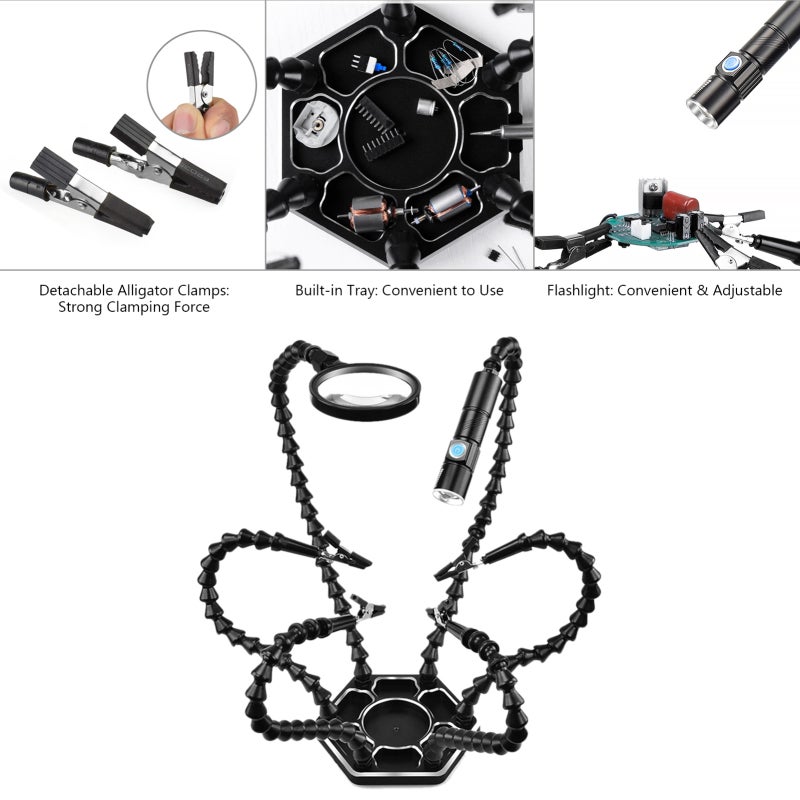 Third Hands Tool Kit: Black ABS Material, 6 Adjustable Hard Arms, 360° Rotation Alligator Clamps - Magnifying Glass With Portable Light for Electronics Welding, DIY Projects, Model Aircraft Maintenanc - Image 3