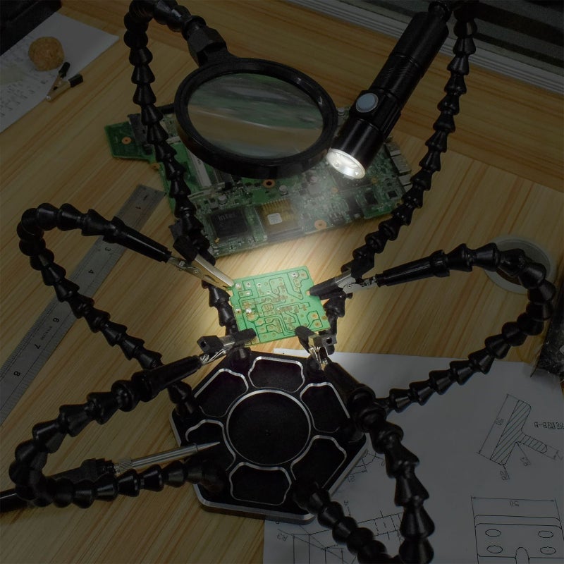 Third Hands Tool Kit: Black ABS Material, 6 Adjustable Hard Arms, 360° Rotation Alligator Clamps - Magnifying Glass With Portable Light for Electronics Welding, DIY Projects, Model Aircraft Maintenanc - Image 2
