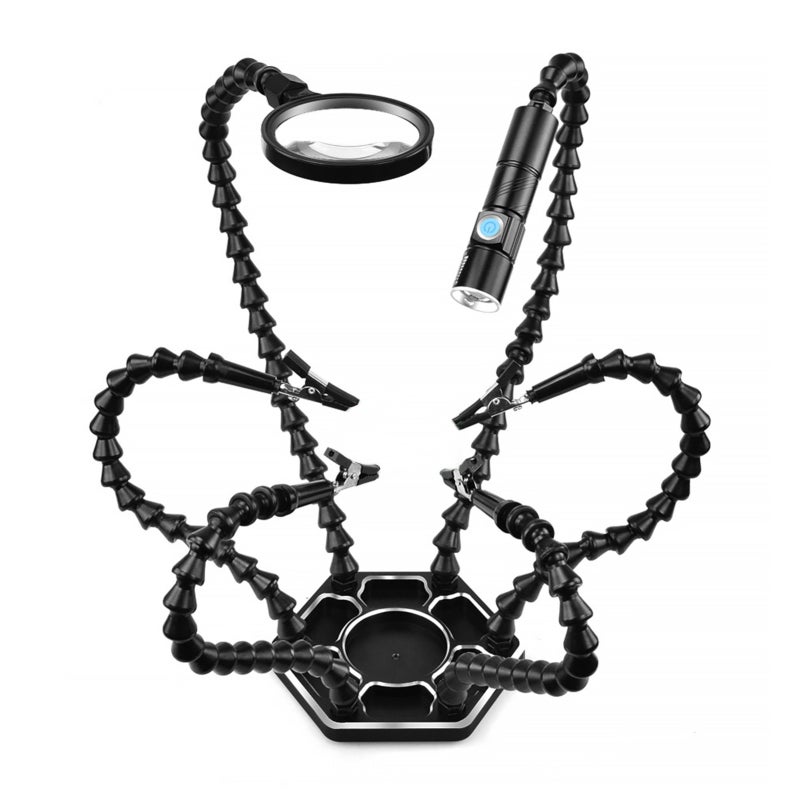 Third Hands Tool Kit: Black ABS Material, 6 Adjustable Hard Arms, 360° Rotation Alligator Clamps - Magnifying Glass With Portable Light for Electronics Welding, DIY Projects, Model Aircraft Maintenanc - Image 1