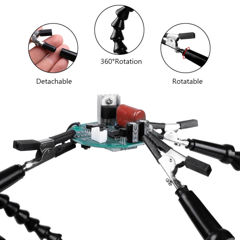 Third Hands Tool Kit: Black ABS Material, 6 Adjustable Hard Arms, 360° Rotation Alligator Clamps - Magnifying Glass With Portable Light for Electronics Welding, DIY Projects, Model Aircraft Maintenanc - Image 4