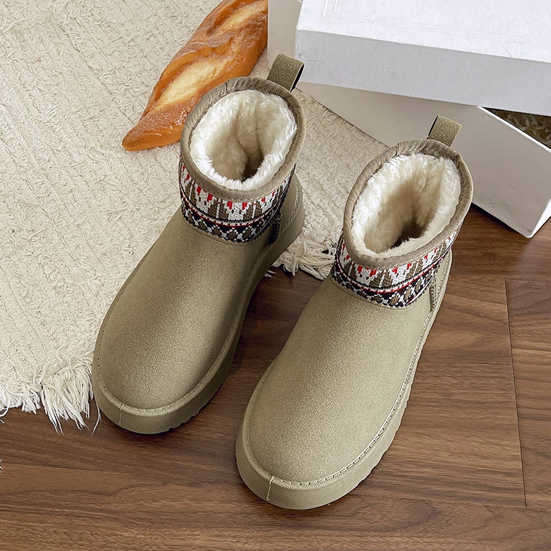 Thick-soled snow boots womens 2024 winter new low-barrel casual fleece-lined versatile fashion national wind warm snow boots Dark khaki color