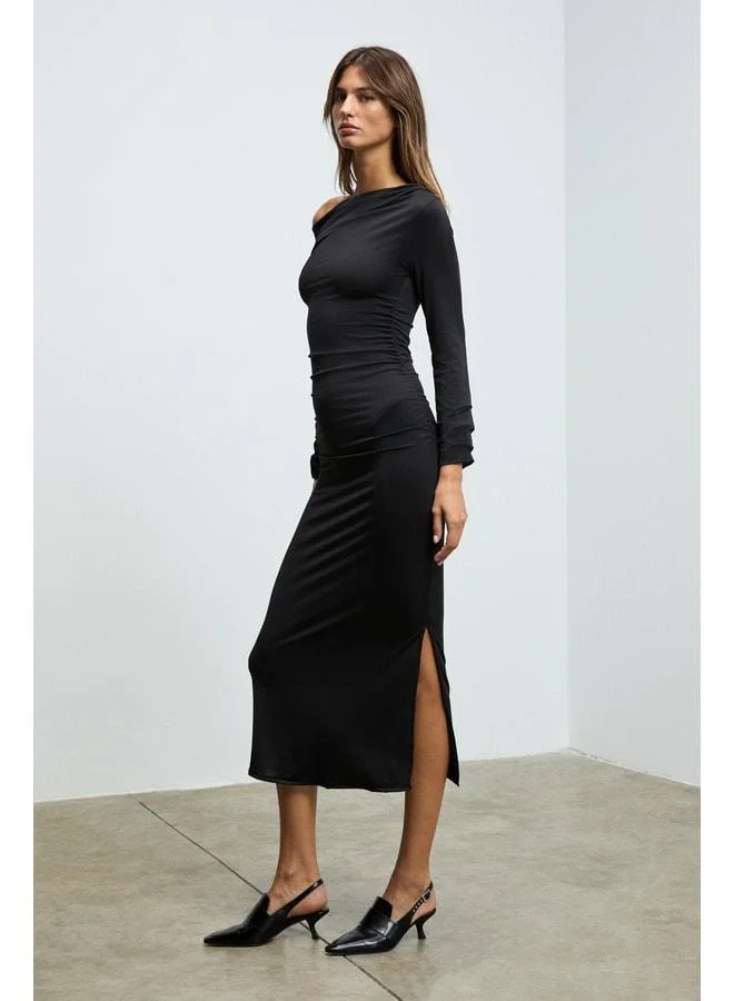 Ethiquet  SULTROY Women's Asymmetric Collared Dress with Gathered Details, Long Sleeve, Black. for Women | Best Price UAE