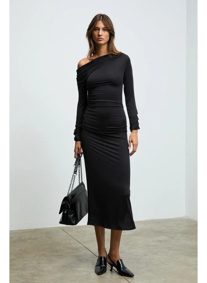 SULTROY Women's Asymmetric Collared Dress with Gathered Details, Long Sleeve, Black.