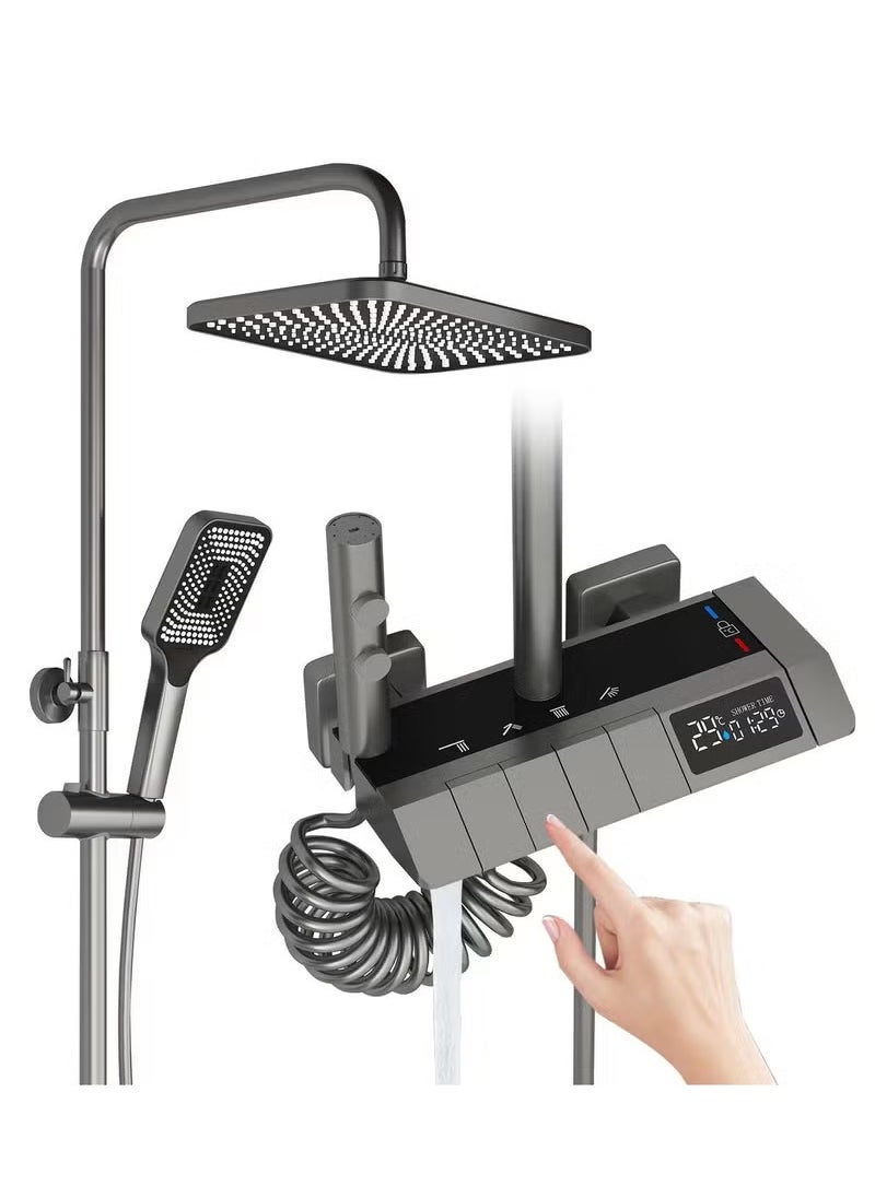 Generic Shower System with LED Digital Display Shower Faucet Set Wall Mount Rain Mixer Shower Combo Set 4 Way Shower Fixture with Rain Shower Head,3 Mode Handheld Shower,Bidet Shower,Tub Spout Grey  - Image 1