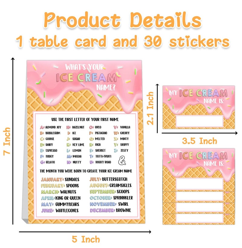 BirtDerr What's Your Ice Cream Name, Ice Cream Decorations for Birthday Party, 30PCS Sticker Name Cards for Birthday Party Supply - Image 2