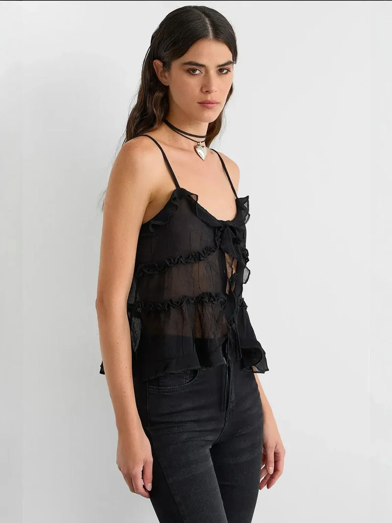 Hiccup Black Ruffle Detail Tulle Blouse for Women | Best Price UAE
